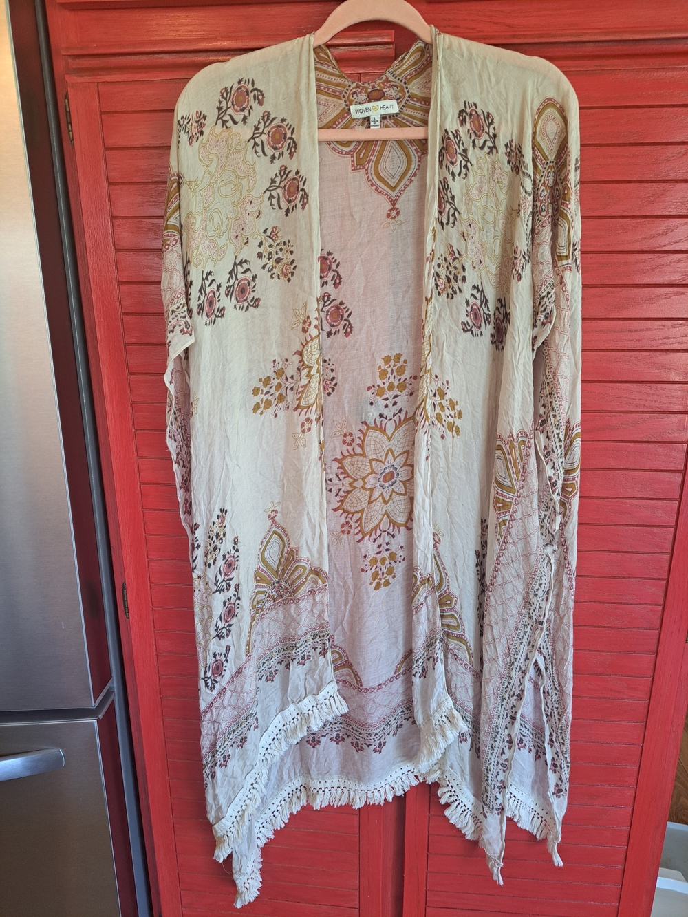 Woven Heart Boho Floral Open Kimono Cardigan - Cream Mandala Type Sheer L